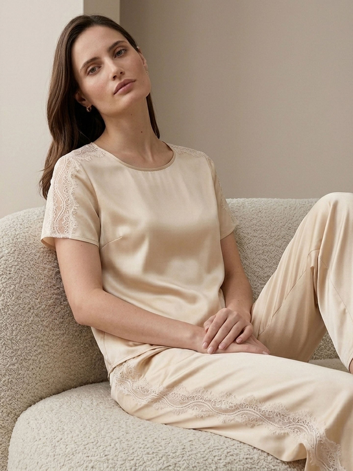 Lace Patchwork Short-sleeved Trousers Suit #color Blush Beige