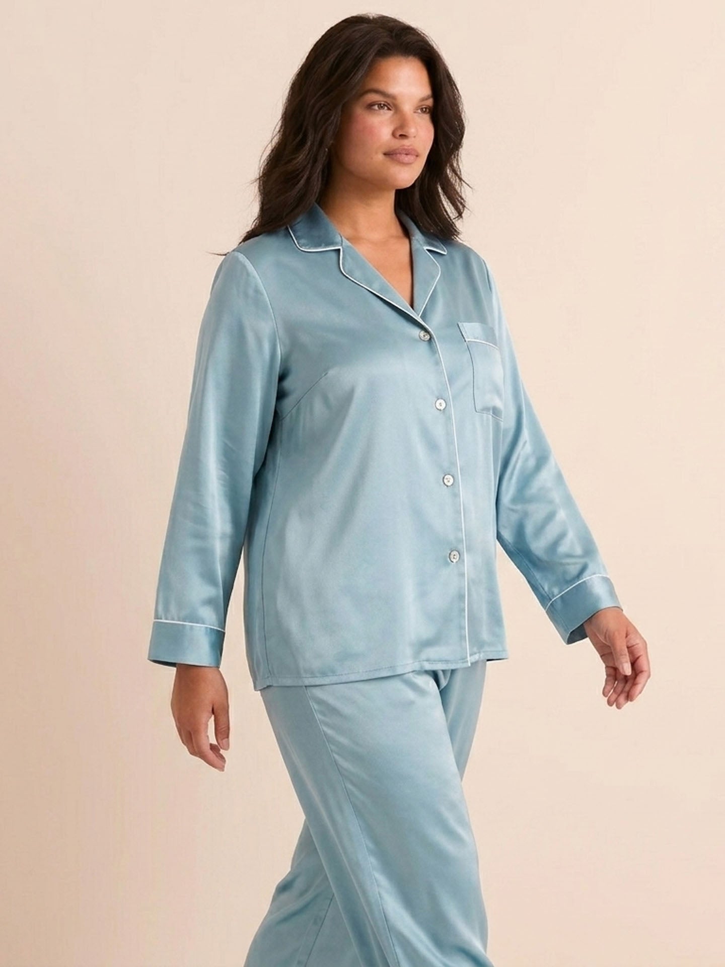 22 Momme Fashionable Long-sleeved and Long-pants Silk Suit #color_Dusty Blue