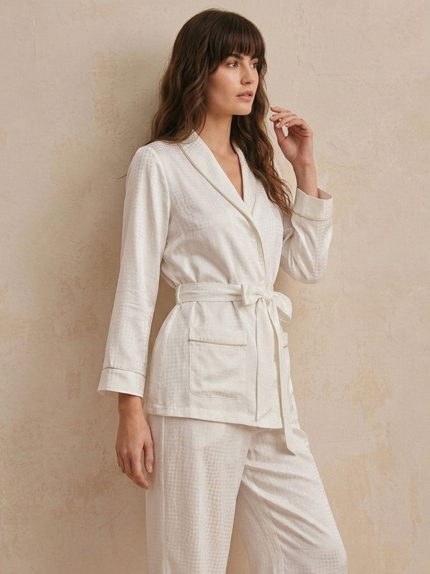 Houndstooth Jacquard Long Sleeve Pants Set #color_White