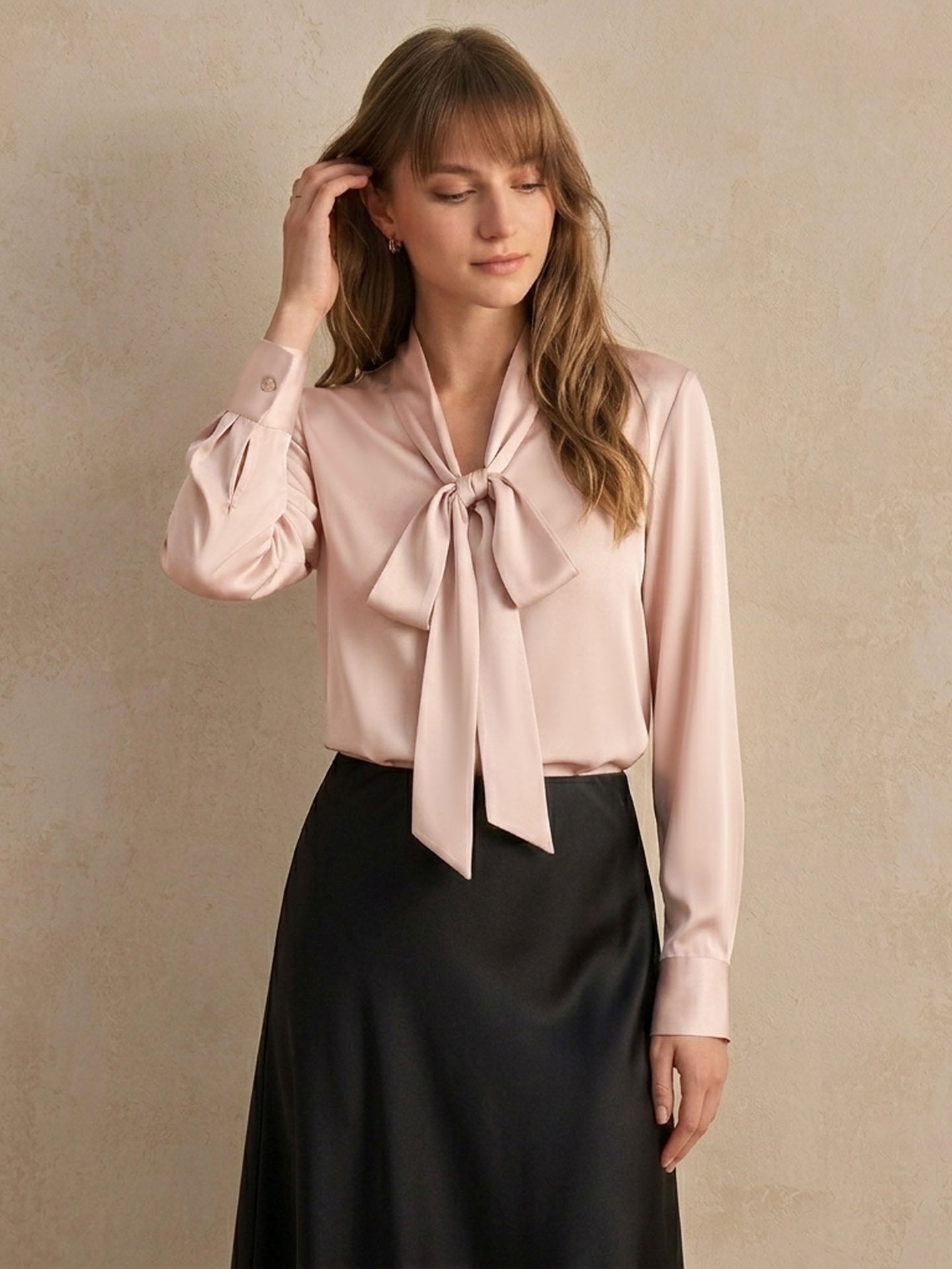 Premium Mulberry Silk Pussy-Bow Blouse #color_Blush