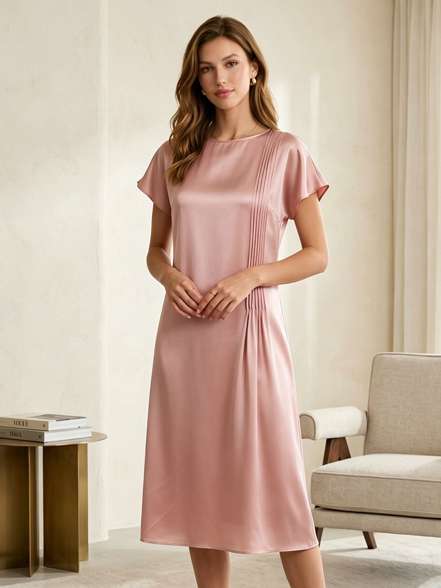 Pleated Stretch Silk Midi Dress#color_Blush Beige