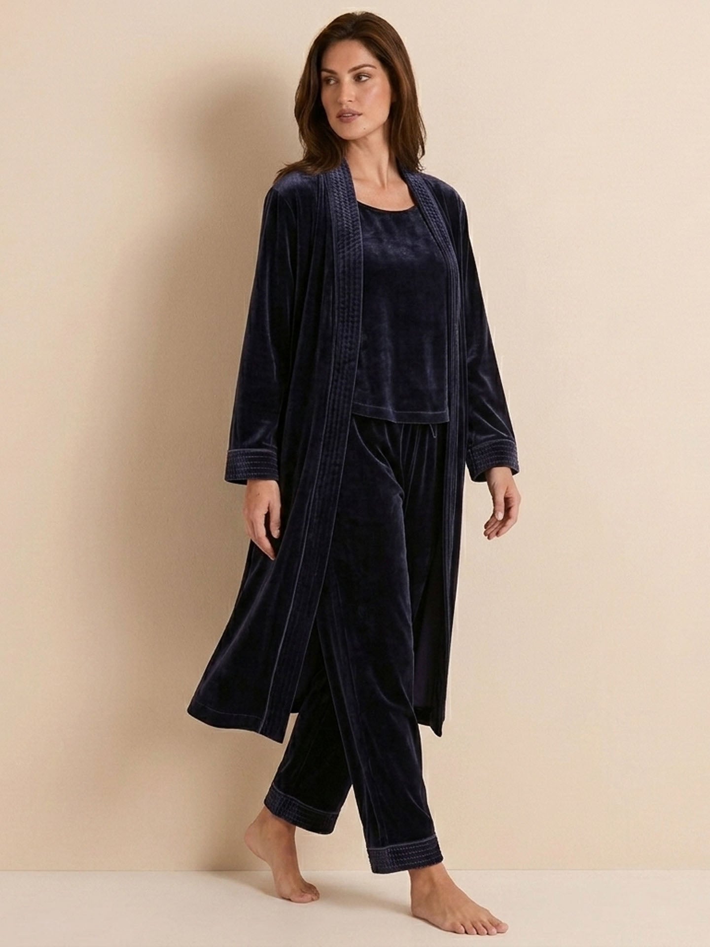 Velvet Suspender Trousers Set With Robe 3PCS #color_Deep Purple