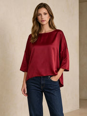 Oversized Boat Neck Silk Blouse#color_Burgundy
