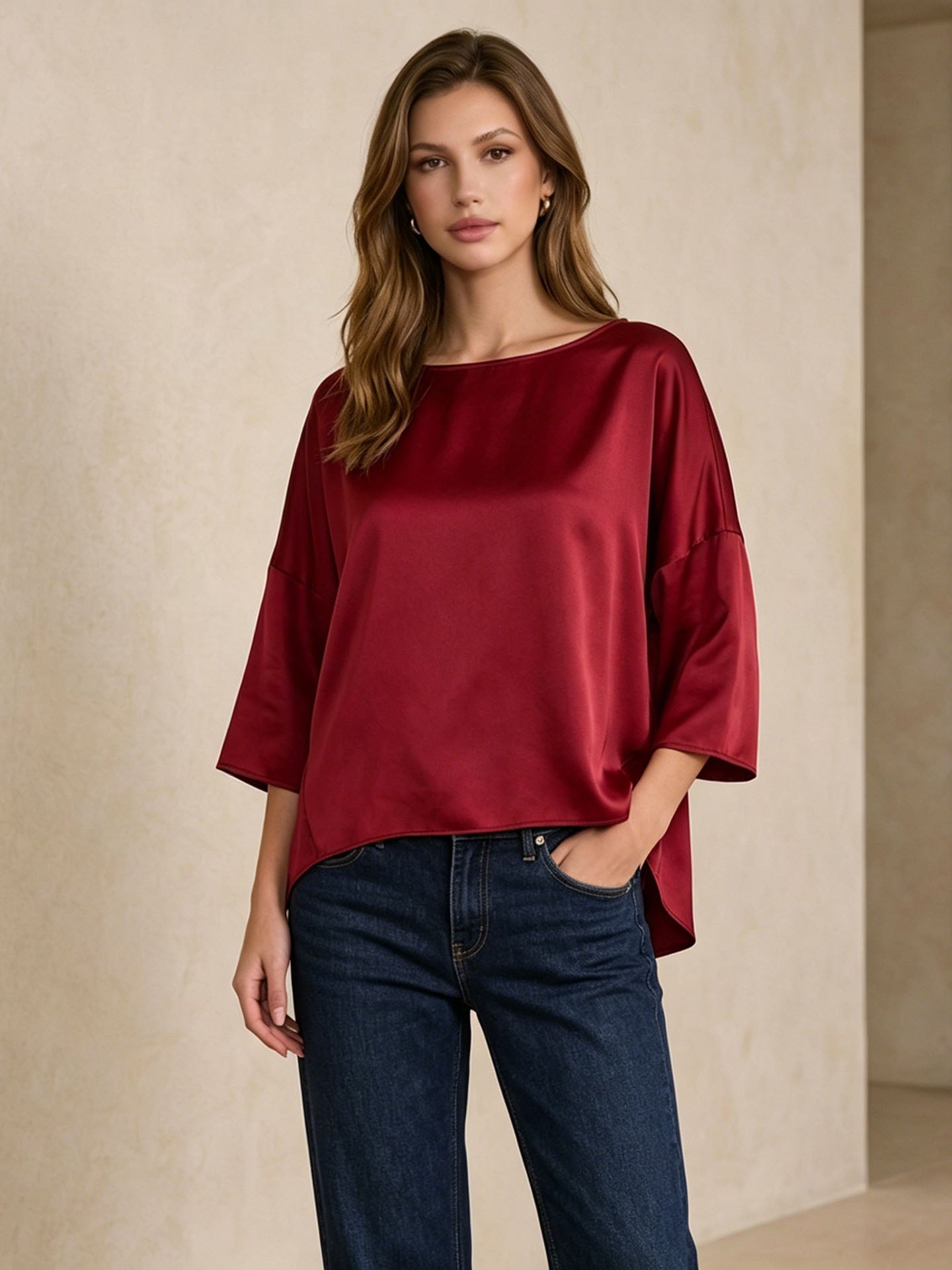 Oversized Boat Neck Silk Blouse#color_Burgundy