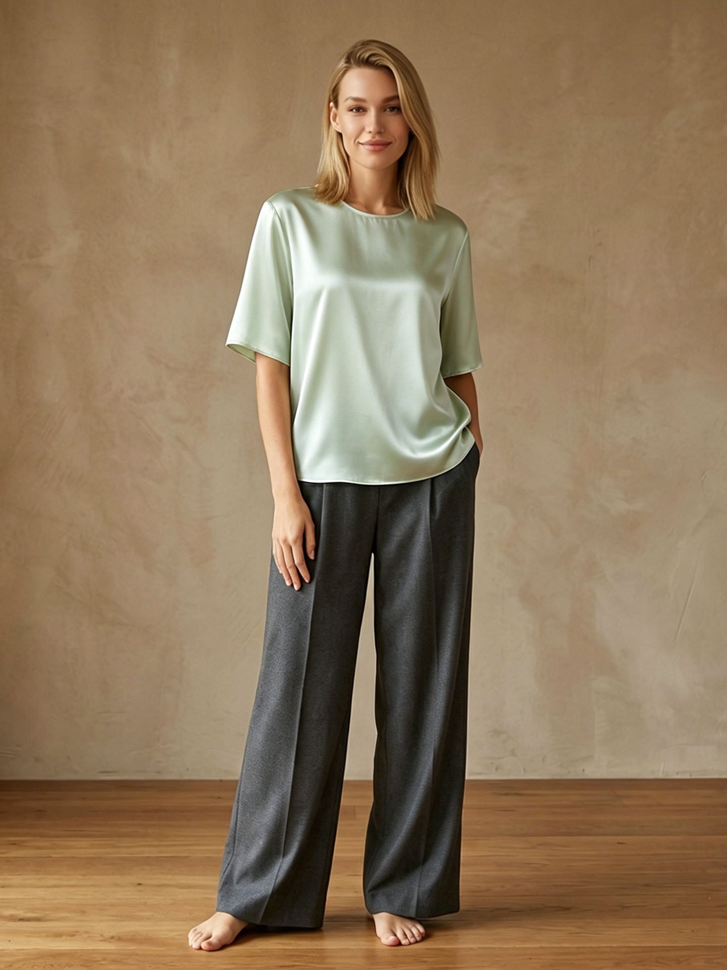 Pure Mulberry Silk Classic Crew-Neck Top#color_Sage Green