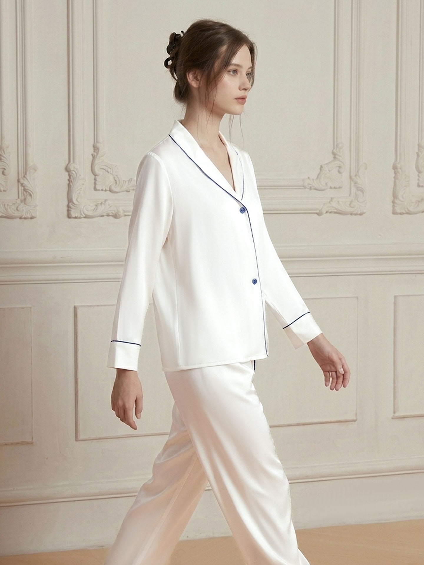 Shawl Collar Long Sleeve Long Pants Silk Suit #color_White