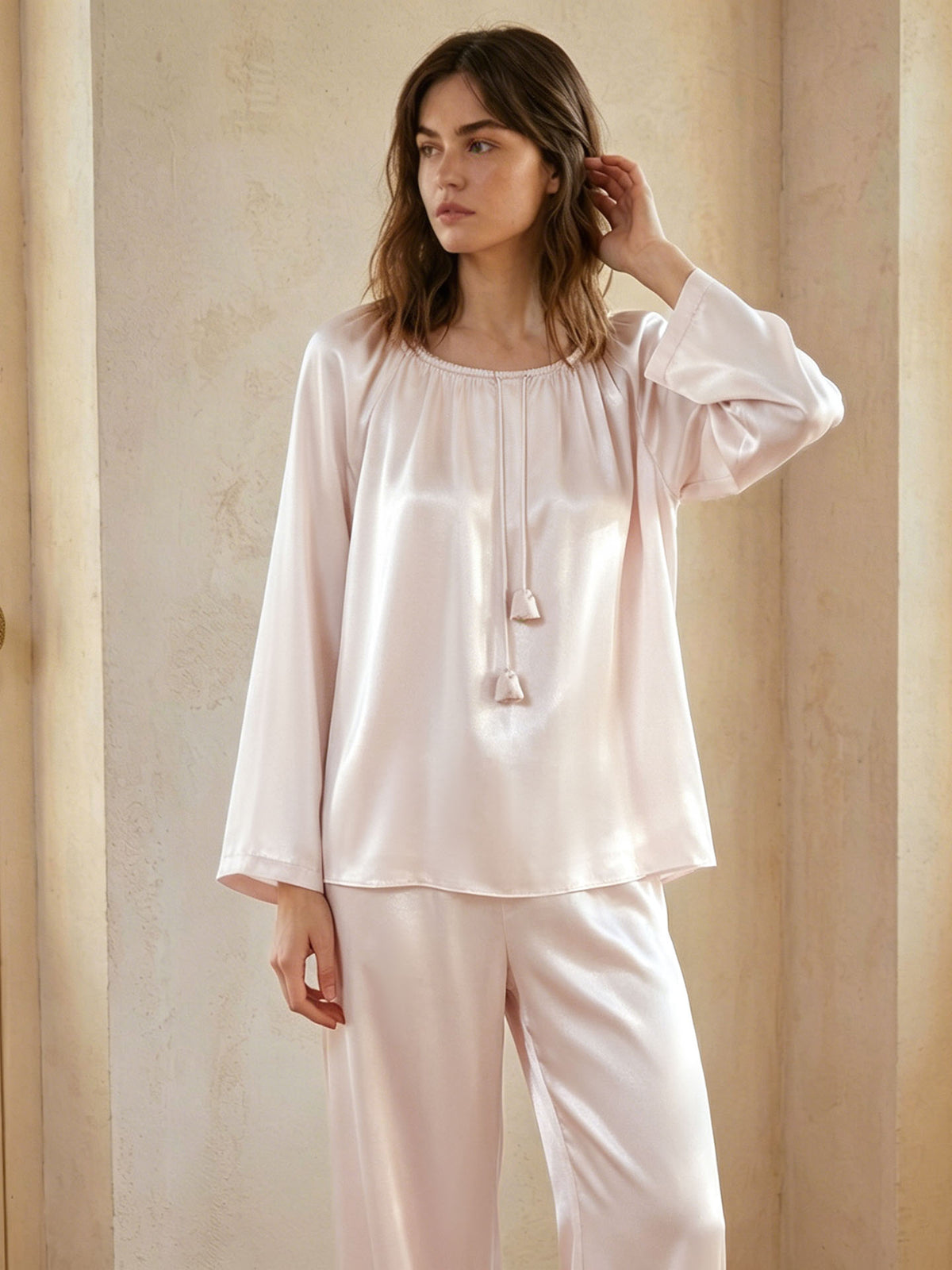 Flower bud drawstring long sleeve trousers suit#color_Blush Pink