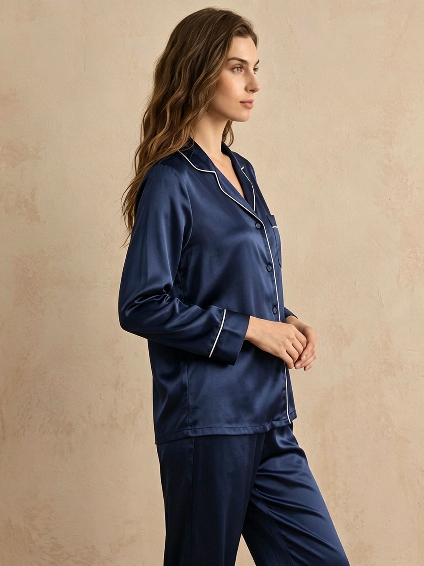 Classic Silk Long Sleeve Long Pants Pajama Set #color_Navy