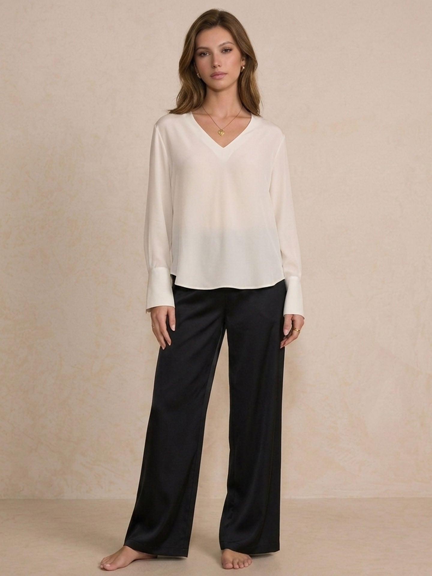 V-Neck Drop Shoulder Silk Blouse#color_White