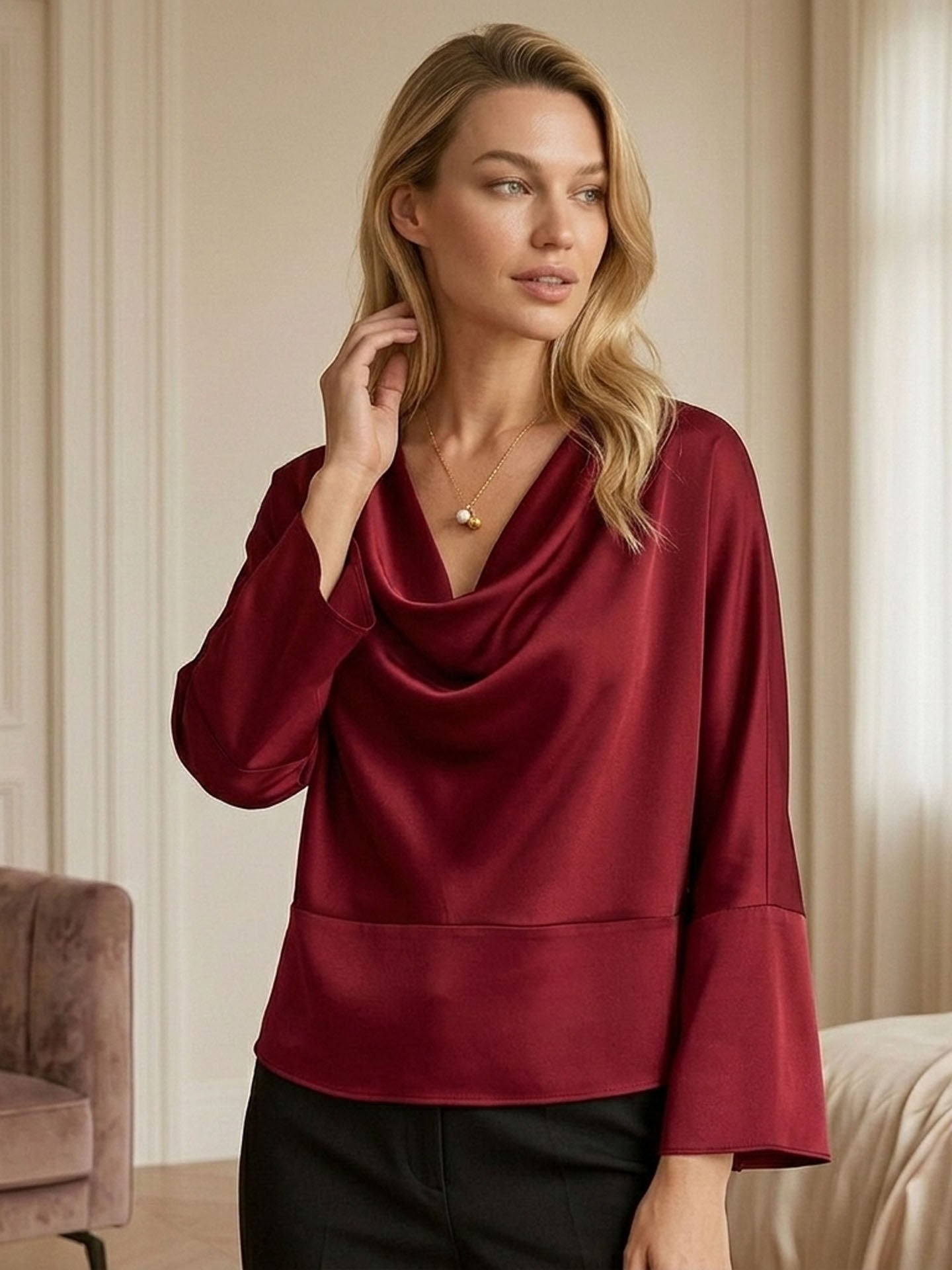 Sculptural Cowl-Neck Mulberry Silk Blouse#color_Burgundy