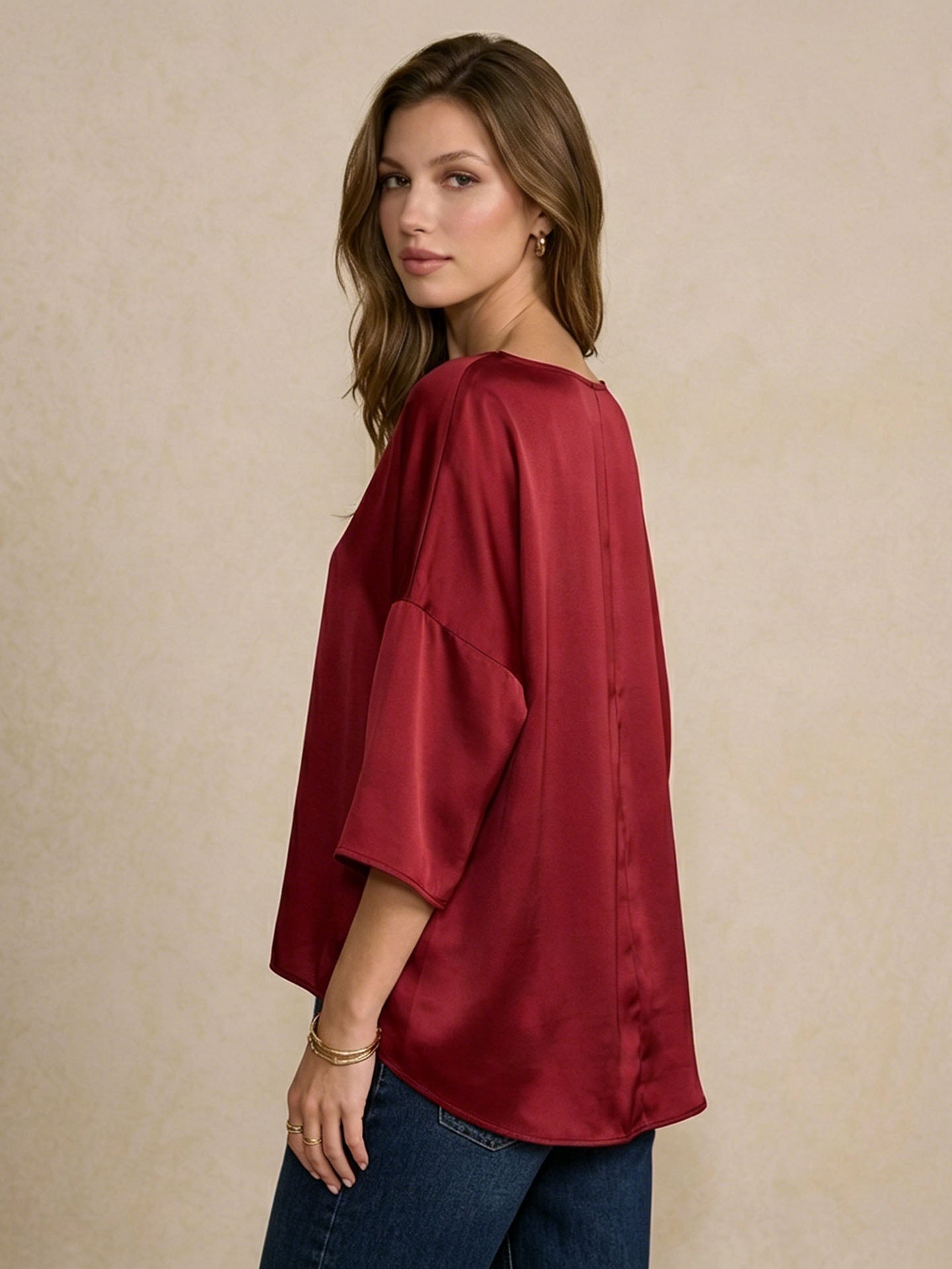 Oversized Boat Neck Silk Blouse#color_Burgundy