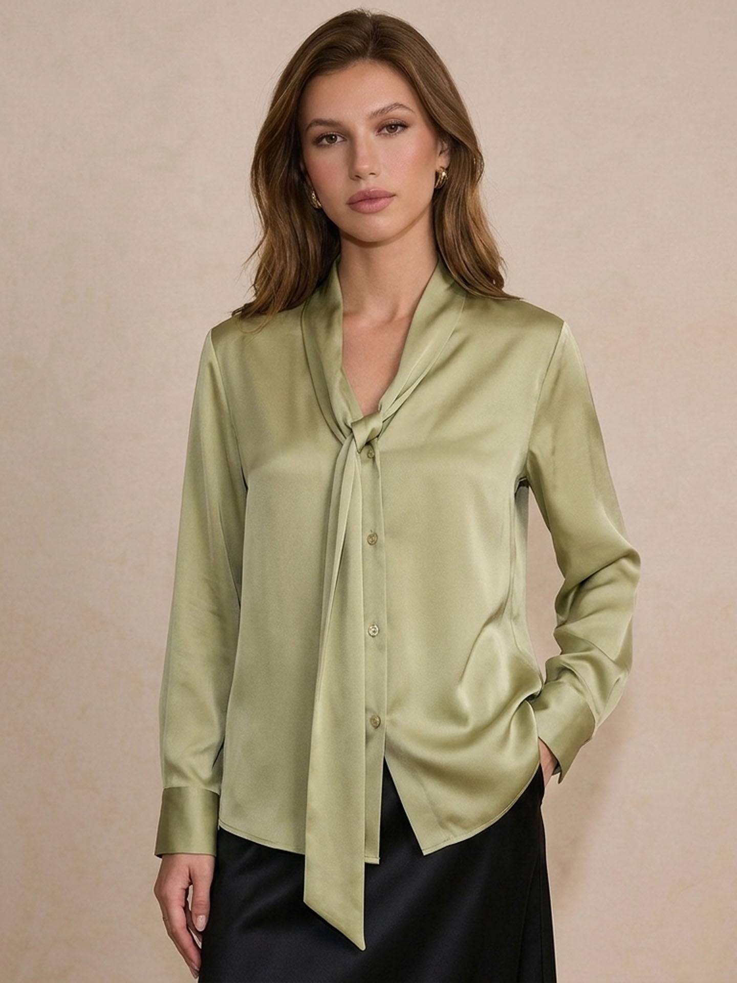 Premium Mulberry Silk Pussy-Bow Blouse #color_Sage Green