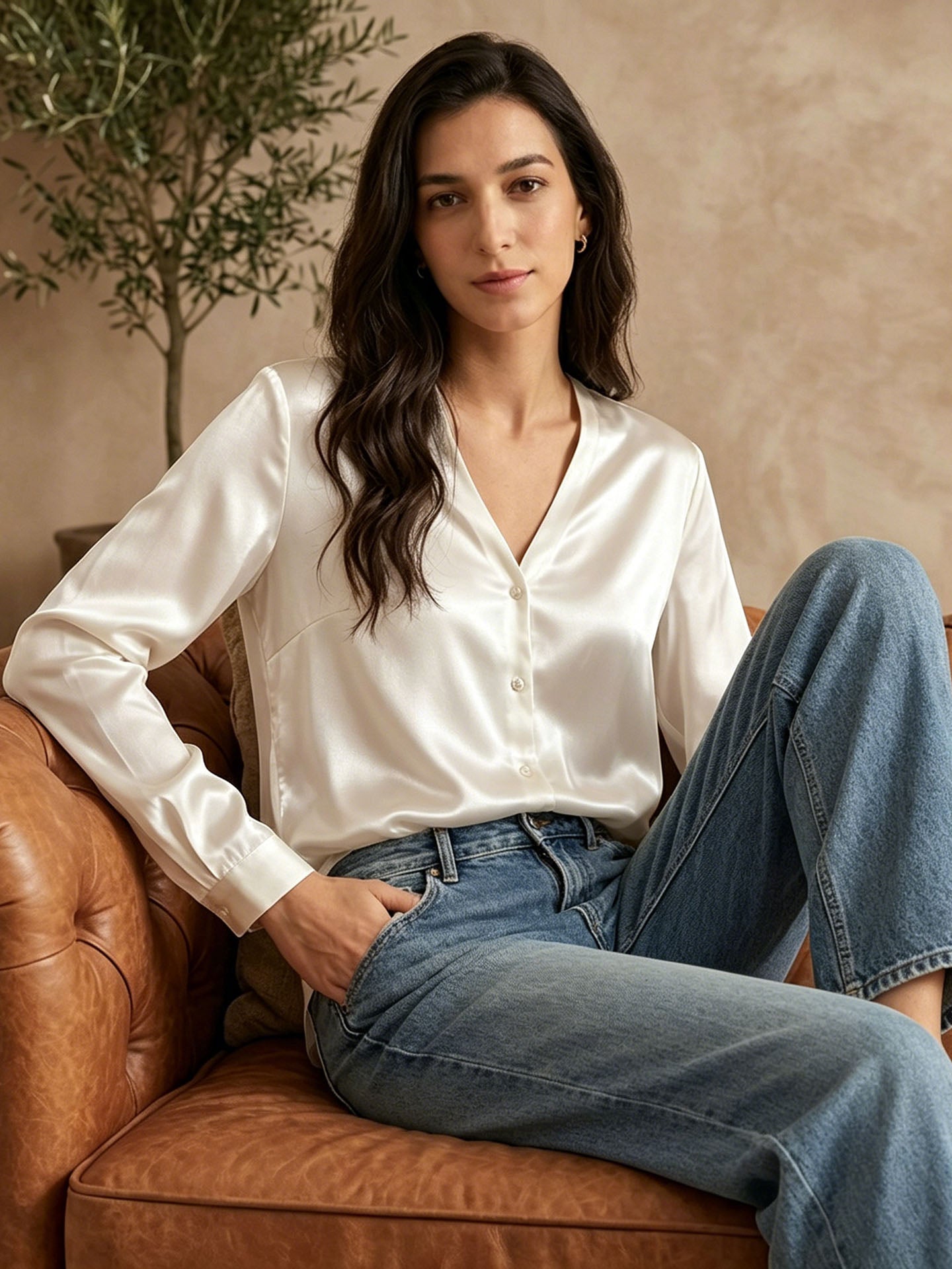 Classic V-Neck Stretch Silk Blouse#color_White