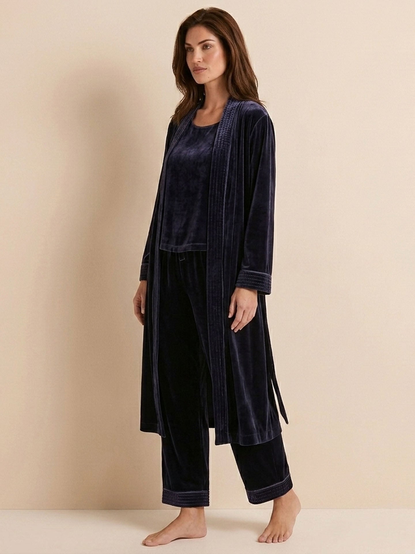 Velvet Suspender Trousers Set With Robe 3PCS #color_Deep Purple