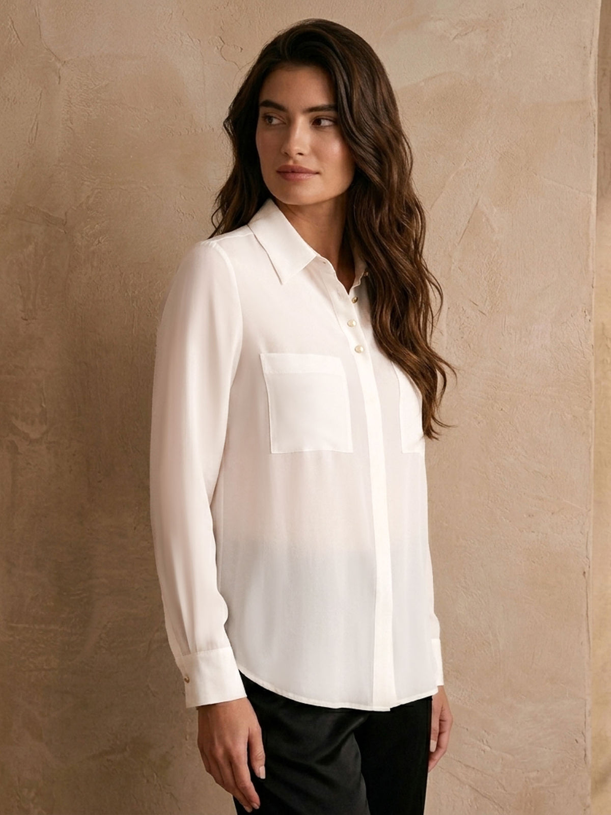 Simple silk crepe de chine shirt with concealed buttons #color_White