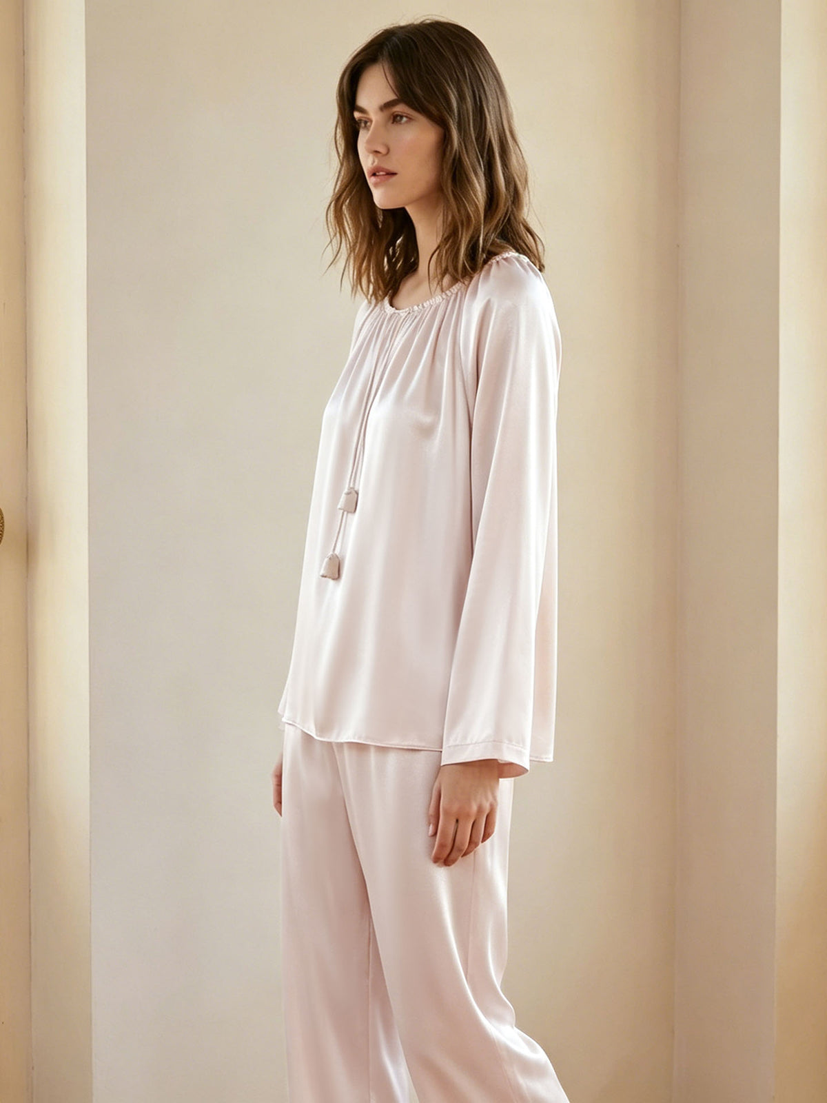 Flower bud drawstring long sleeve trousers suit#color_Blush Pink