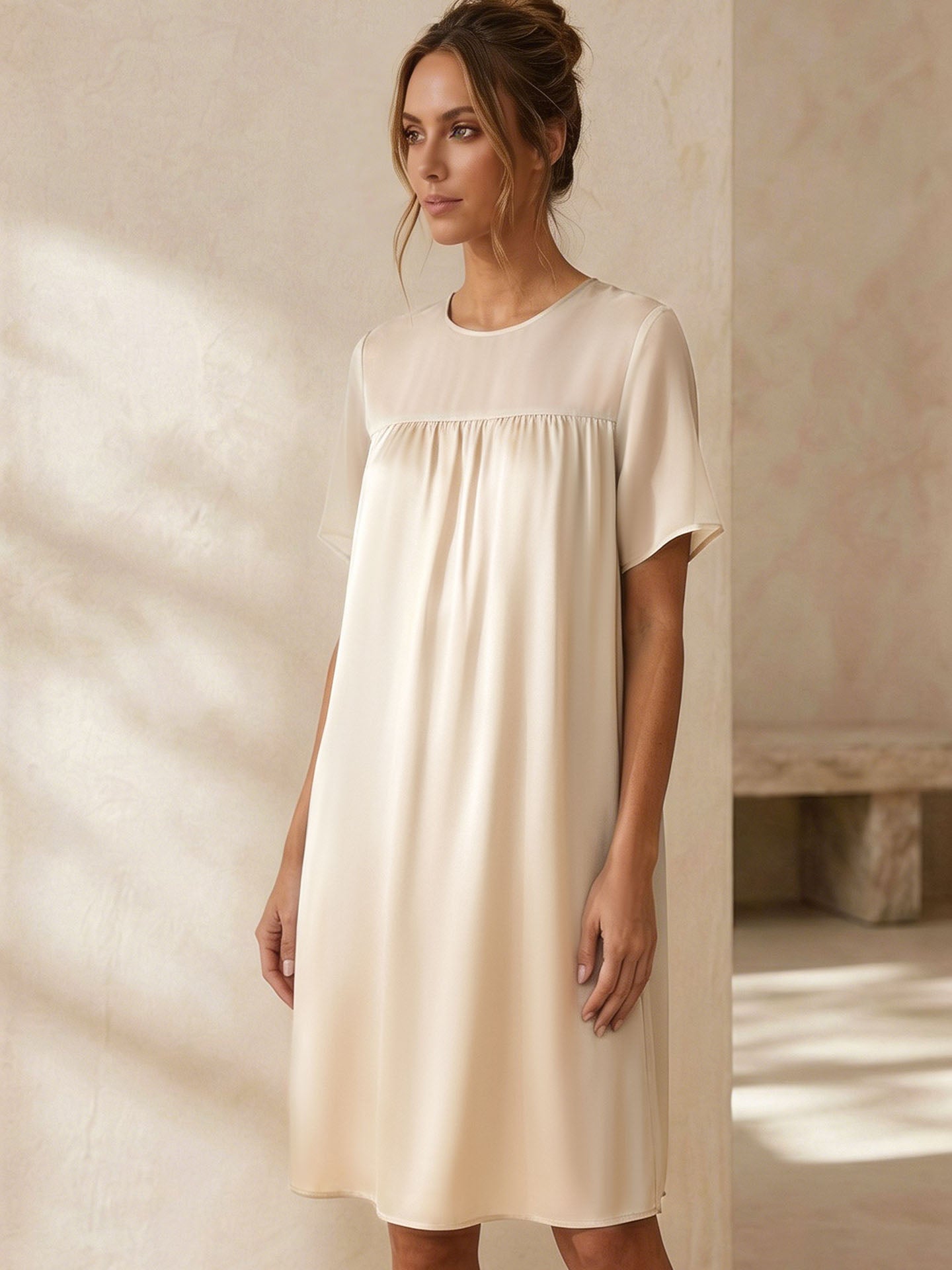 Georgette Stitching Elegant Nightdress #color_Light Lemon Yellow