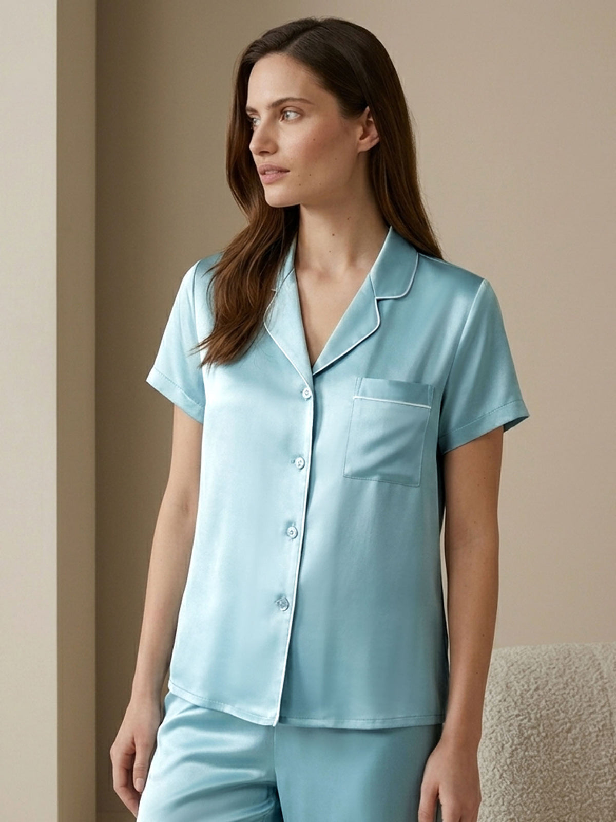 Silk Short-sleeved Trousers Suit #color_Turquoise