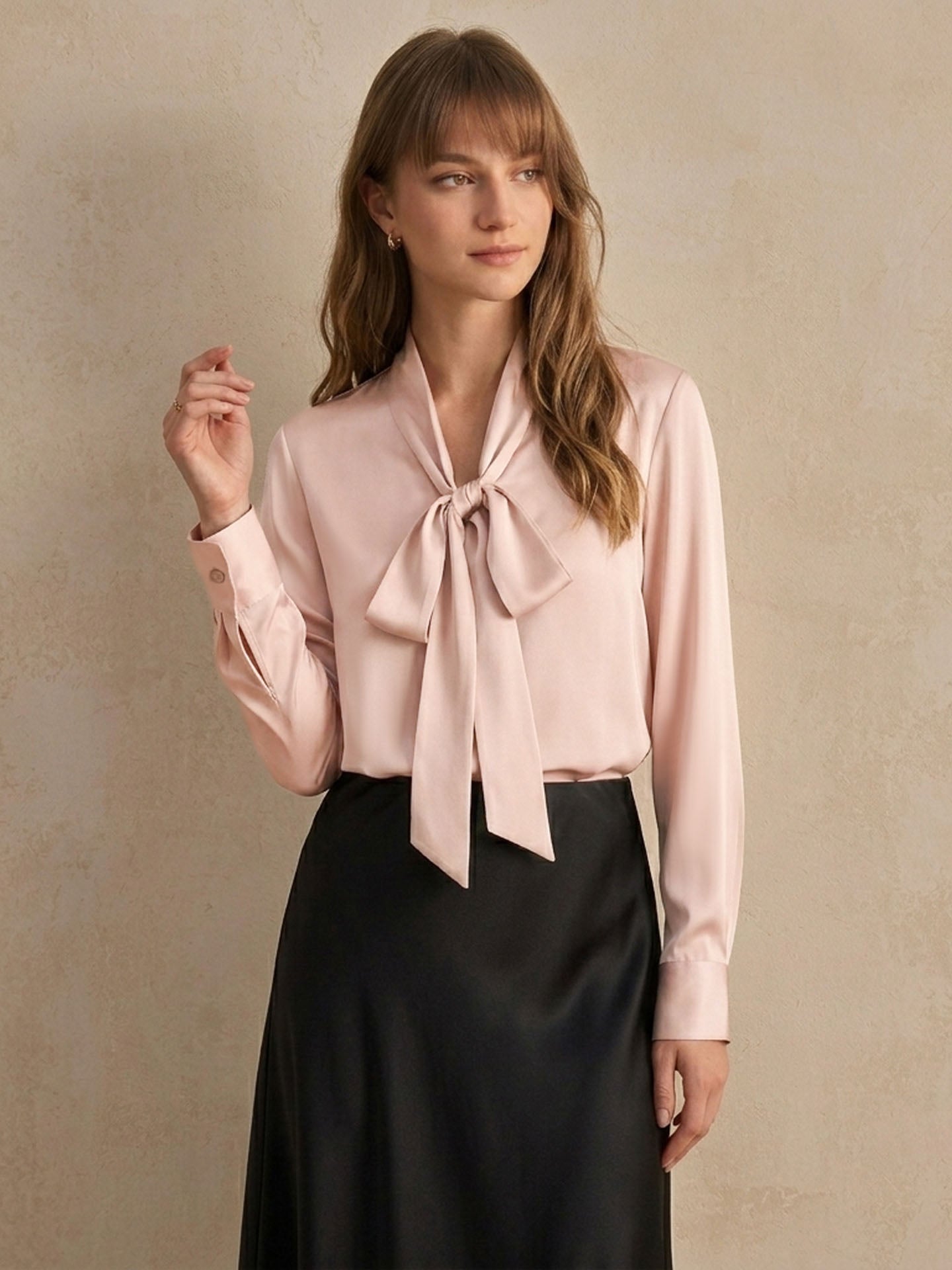 Premium Mulberry Silk Pussy-Bow Blouse #color_Blush