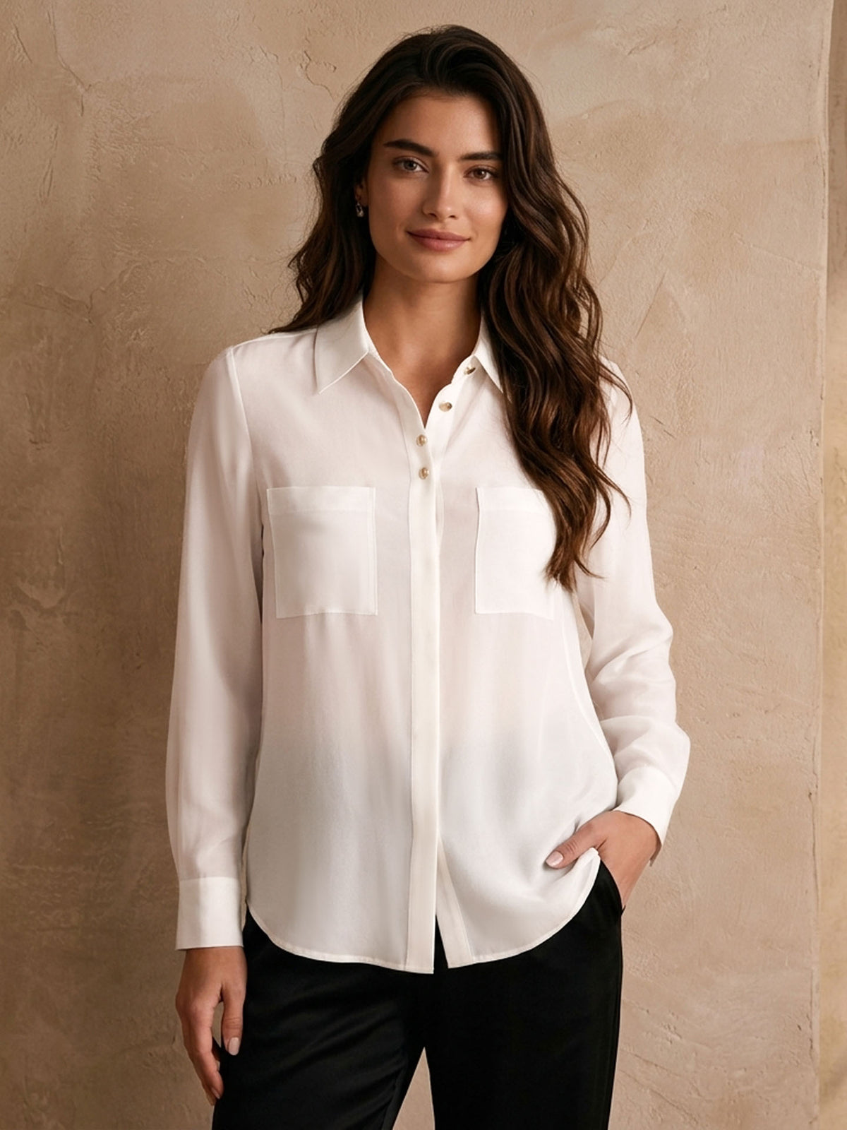 Simple silk crepe de chine shirt with concealed buttons #color_White