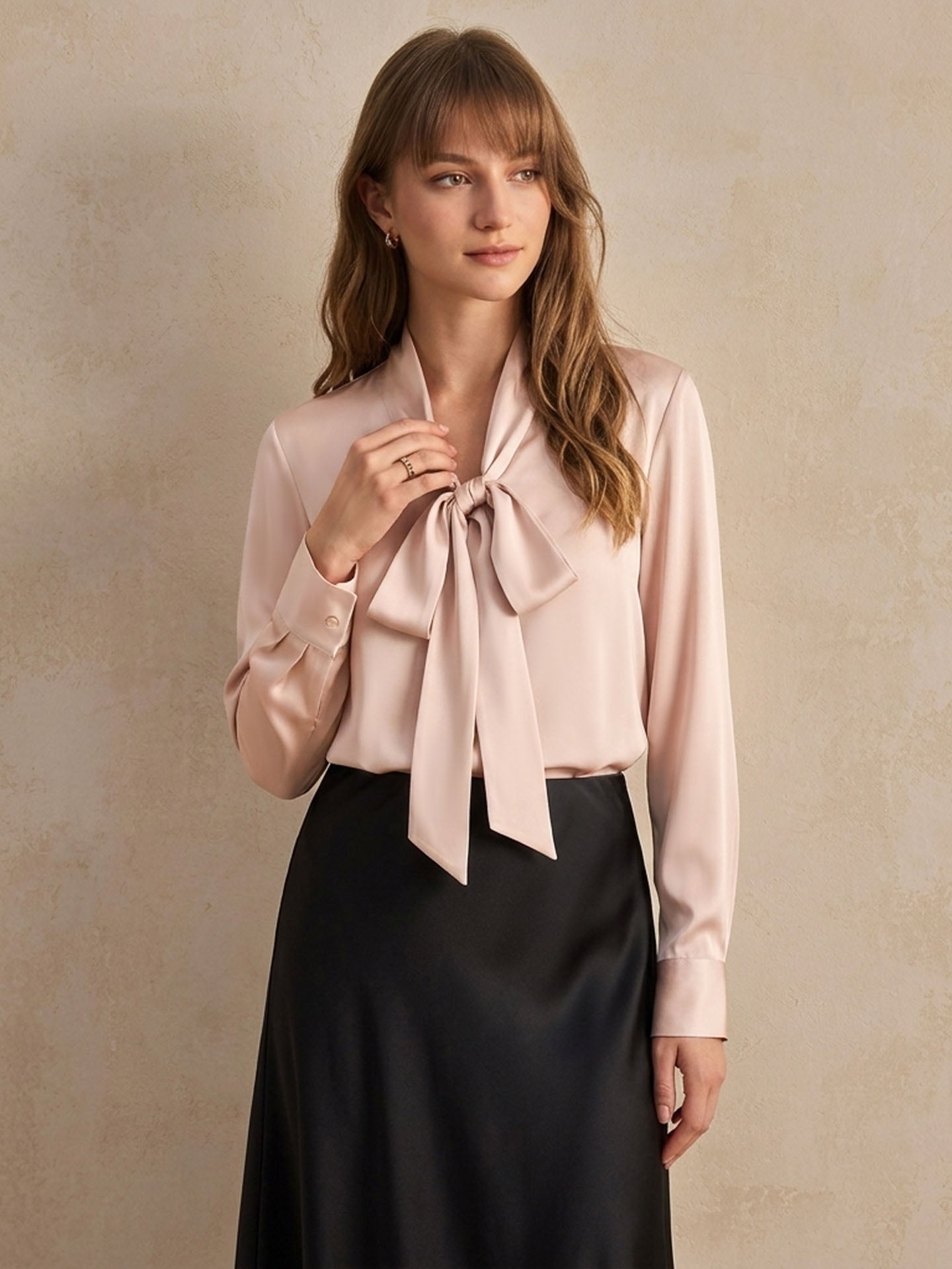Premium Mulberry Silk Pussy-Bow Blouse #color_Blush