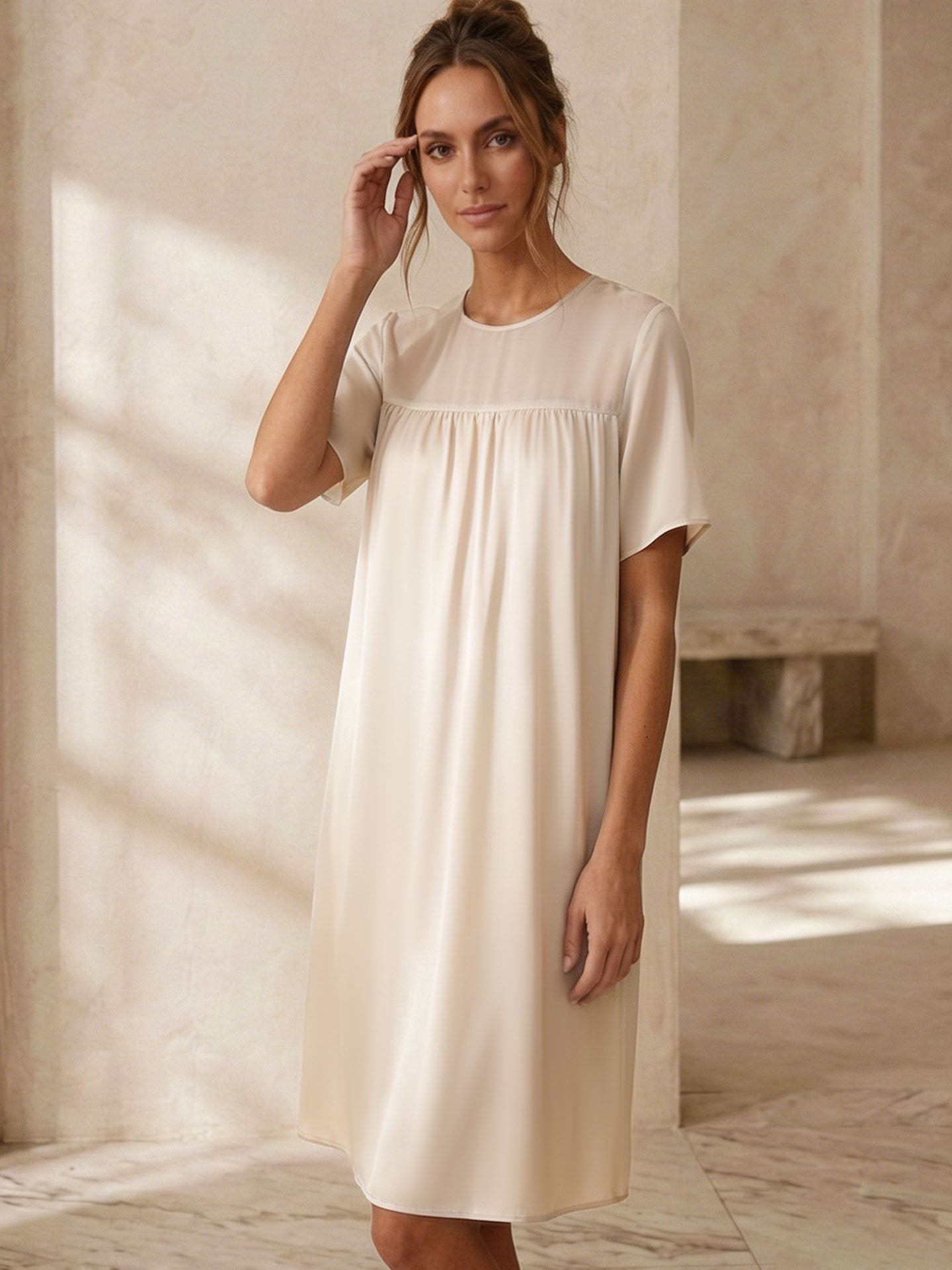 Georgette Stitching Elegant Nightdress #color_Light Lemon Yellow