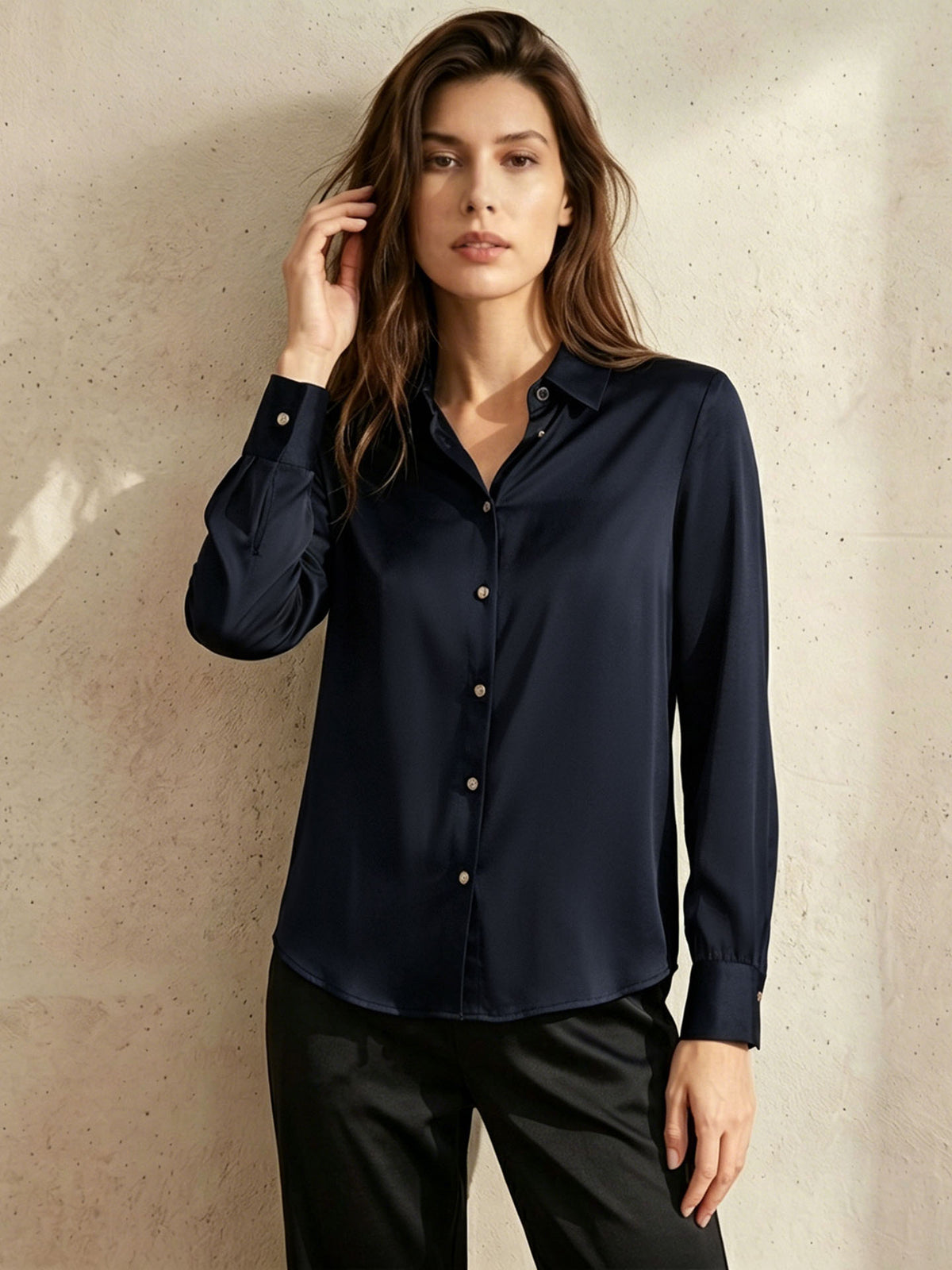 Stretch silk double joe shirt#color_Navy