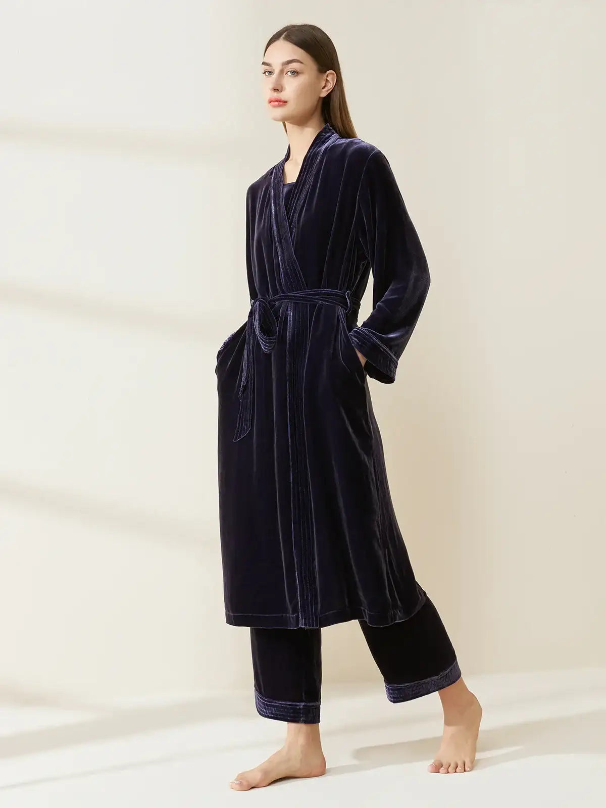 Velvet Suspender Trousers Set With Robe 3PCS - JANCESILK