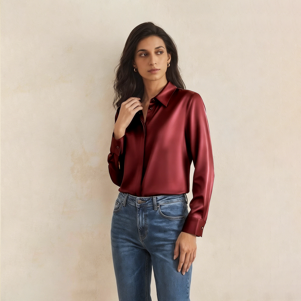 Versatile Elegance Stretch Silk Blouse#color Burgundy
