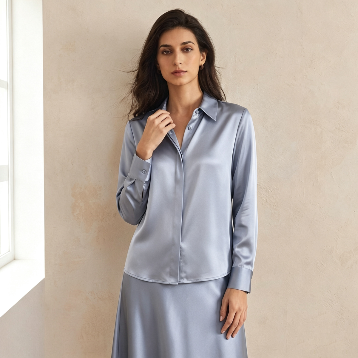 Versatile Elegance Stretch Silk Blouse#color Blue Grey
